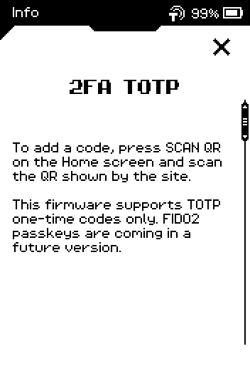 Info page: to add a code, press SCAN QR on the Home screen and scan the QR shown by the site