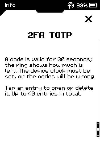 Info page: a code is valid for 30 seconds; the ring shows how much is left; up to 40 entries