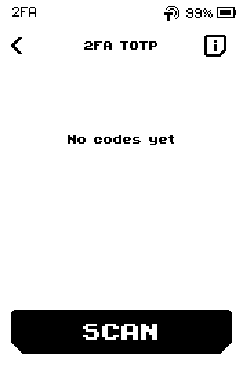 Empty 2FA TOTP list with No codes yet and a SCAN button