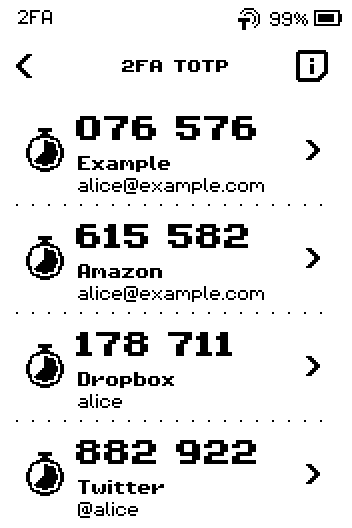 2FA TOTP list with four accounts, each with a code and a countdown ring