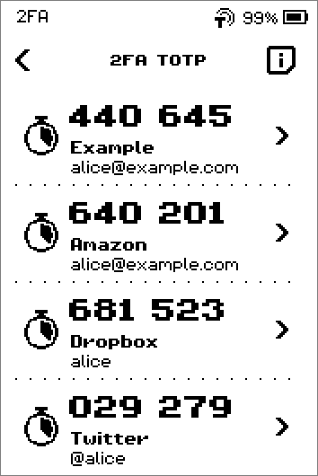 Animated 2FA TOTP list where the codes roll over and the countdown rings empty