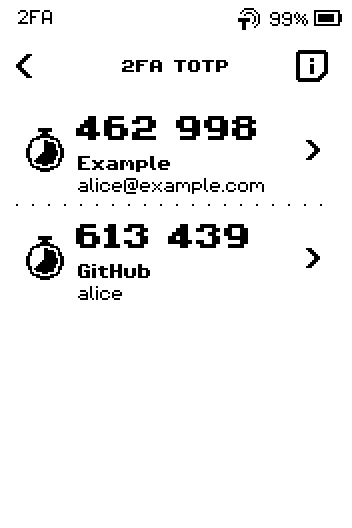 2FA TOTP list with two accounts, Example and GitHub, each with a code