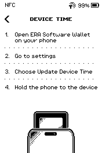 DEVICE TIME page with four numbered steps and a phone held to the device