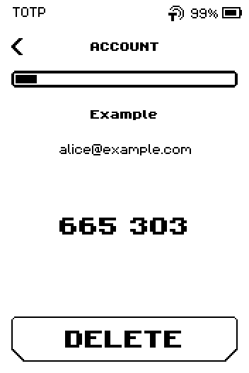 ACCOUNT card with a progress bar, Example, alice@example.com, code 665 303 and a DELETE button