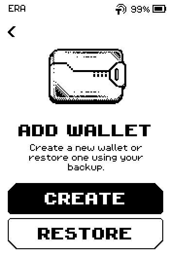 Add wallet screen with CREATE and RESTORE buttons.