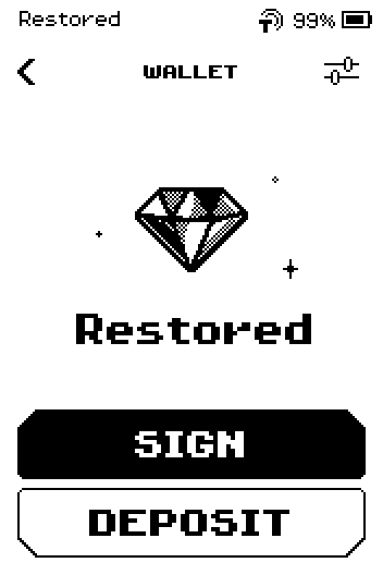 Wallet screen for Restored with SIGN and DEPOSIT buttons.