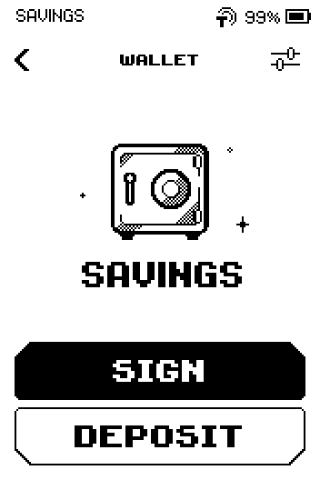 Wallet screen for SAVINGS with SIGN and DEPOSIT buttons.