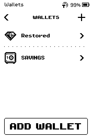 Wallets list with two wallets, Restored and SAVINGS.