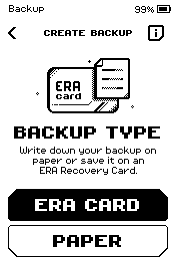 Backup type screen with ERA CARD and PAPER buttons