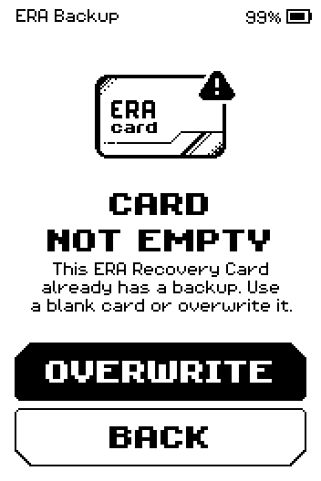 CARD NOT EMPTY screen with OVERWRITE and BACK buttons.