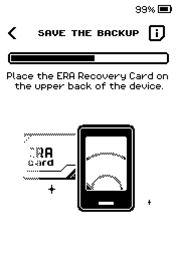 SAVE THE BACKUP screen: place the ERA Recovery Card on the upper back of the device, with a progress bar.
