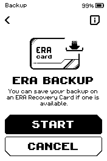 ERA BACKUP screen with START and CANCEL buttons and an i button in the header.