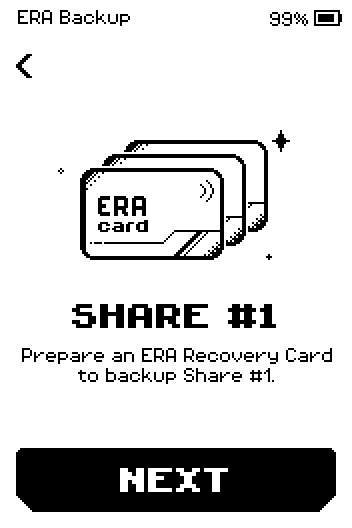 SHARE #1 screen: prepare an ERA Recovery Card to backup Share #1, with a NEXT button.