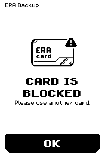 CARD IS BLOCKED screen: Please use another card, with an OK button.
