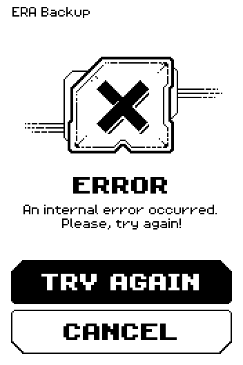 ERROR screen: An internal error occurred. Please, try again, with TRY AGAIN and CANCEL.