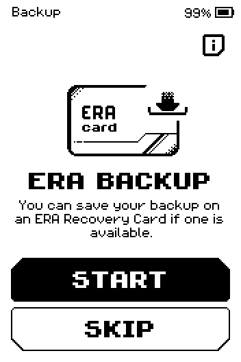 ERA BACKUP offer with START and SKIP buttons.
