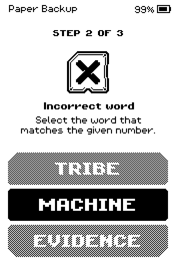 Incorrect word feedback with the right answer highlighted.
