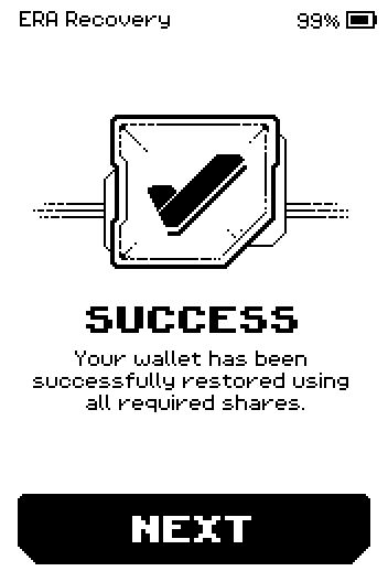 SUCCESS: your wallet has been restored using all required shares, with a NEXT button.
