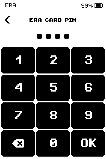 ERA CARD PIN keypad with four dots entered and an OK key.