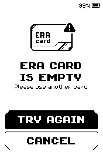 ERA CARD IS EMPTY screen with TRY AGAIN and CANCEL buttons.