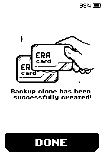 Backup clone has been successfully created, with a DONE button.