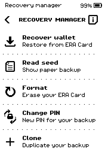 RECOVERY MANAGER menu: Recover wallet, Read seed, Format, Change PIN, Clone.