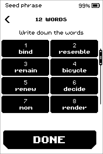 12 WORDS pages showing the words stored on the card, with a DONE button.