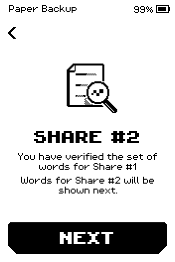 SHARE #2 screen: you have verified Share #1, words for Share #2 will be shown next.