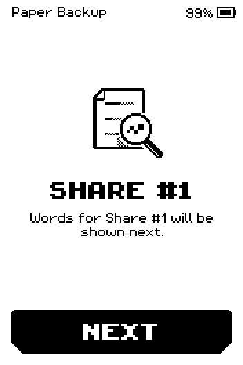 SHARE #1 check intro with a magnifier icon: words for Share #1 will be shown next, with a NEXT button.