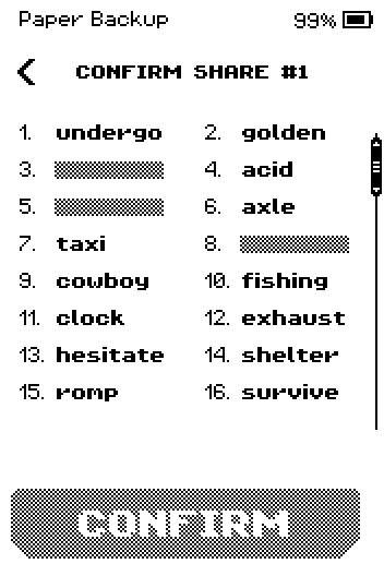 CONFIRM SHARE #1 list with three words hidden and a CONFIRM button.