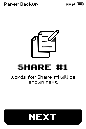 SHARE #1 intro: words for Share #1 will be shown next, with a NEXT button.