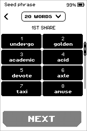 1ST SHARE word pages showing 20 numbered words, with a NEXT button.