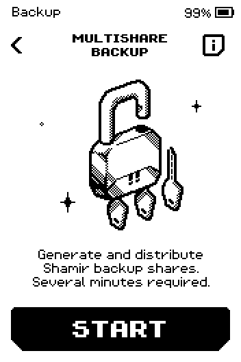 MULTISHARE BACKUP intro with a START button and an i button in the header.