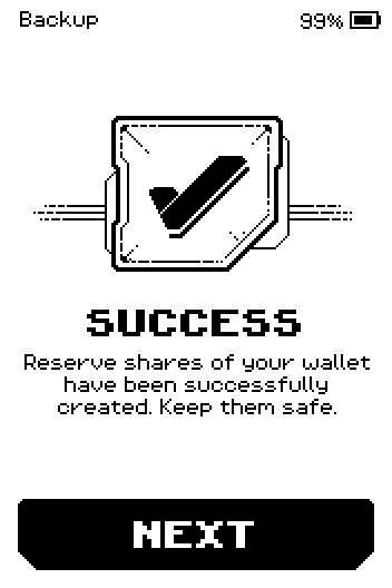 SUCCESS: reserve shares of your wallet have been created, with a NEXT button.