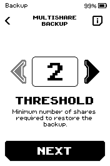 THRESHOLD picker showing 2, with a NEXT button.