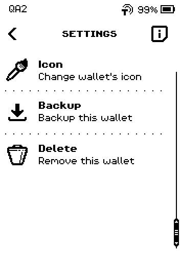 Wallet SETTINGS, second page: Icon, Backup, Delete.