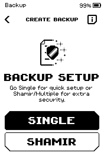 Backup setup screen with SINGLE and SHAMIR buttons.