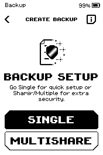 Backup setup screen with SINGLE and MULTISHARE buttons.
