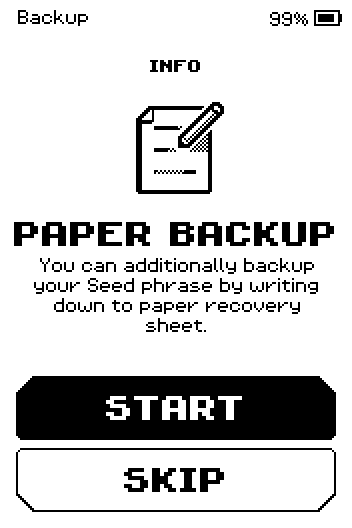 Paper backup screen: you can additionally back up your seed phrase on the paper recovery sheet, with START and SKIP buttons.