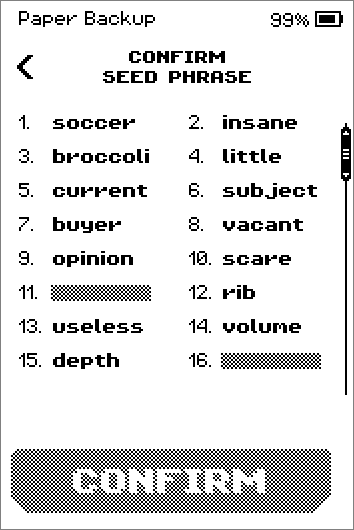 Confirm seed phrase list with three hidden words.
