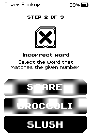 Incorrect word feedback with the right answer highlighted.