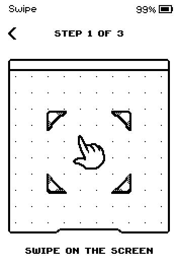 Step 1 of 3: swipe on the screen, with a progress bar.