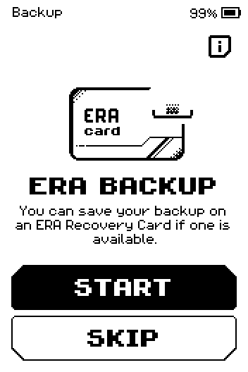 ERA backup offer with START and SKIP buttons.