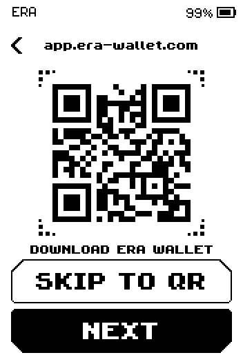 Download ERA Wallet page showing a QR code for app.era-wallet.com, with SKIP TO QR and NEXT buttons.