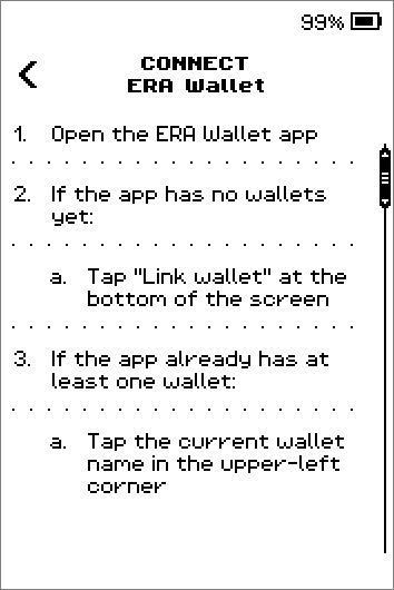 Connect ERA Wallet instructions over two pages: open the app, tap Link wallet or Connect wallet, scan the QR code; SHOW QR button.