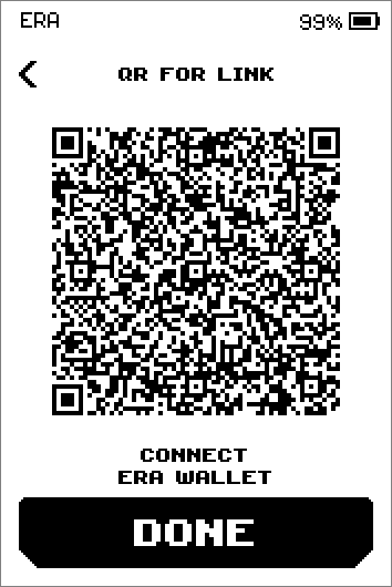 QR for link screen with an animated QR code, the caption CONNECT ERA WALLET and a DONE button.