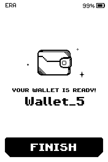 Your wallet is ready screen with the wallet name and a FINISH button.