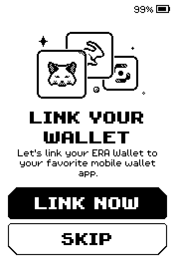 Link your wallet screen with LINK NOW and SKIP buttons.