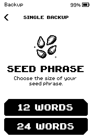 Seed phrase length screen with 12 WORDS and 24 WORDS buttons.