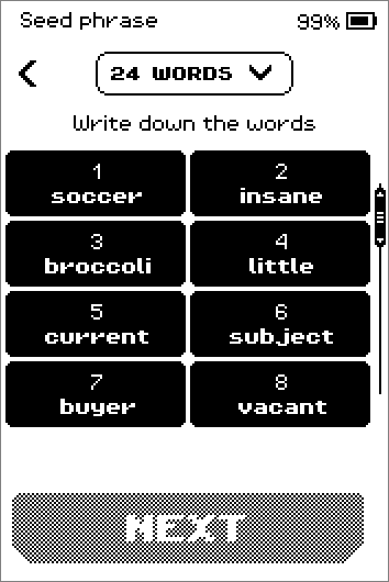 Seed phrase pages showing 24 numbered words.